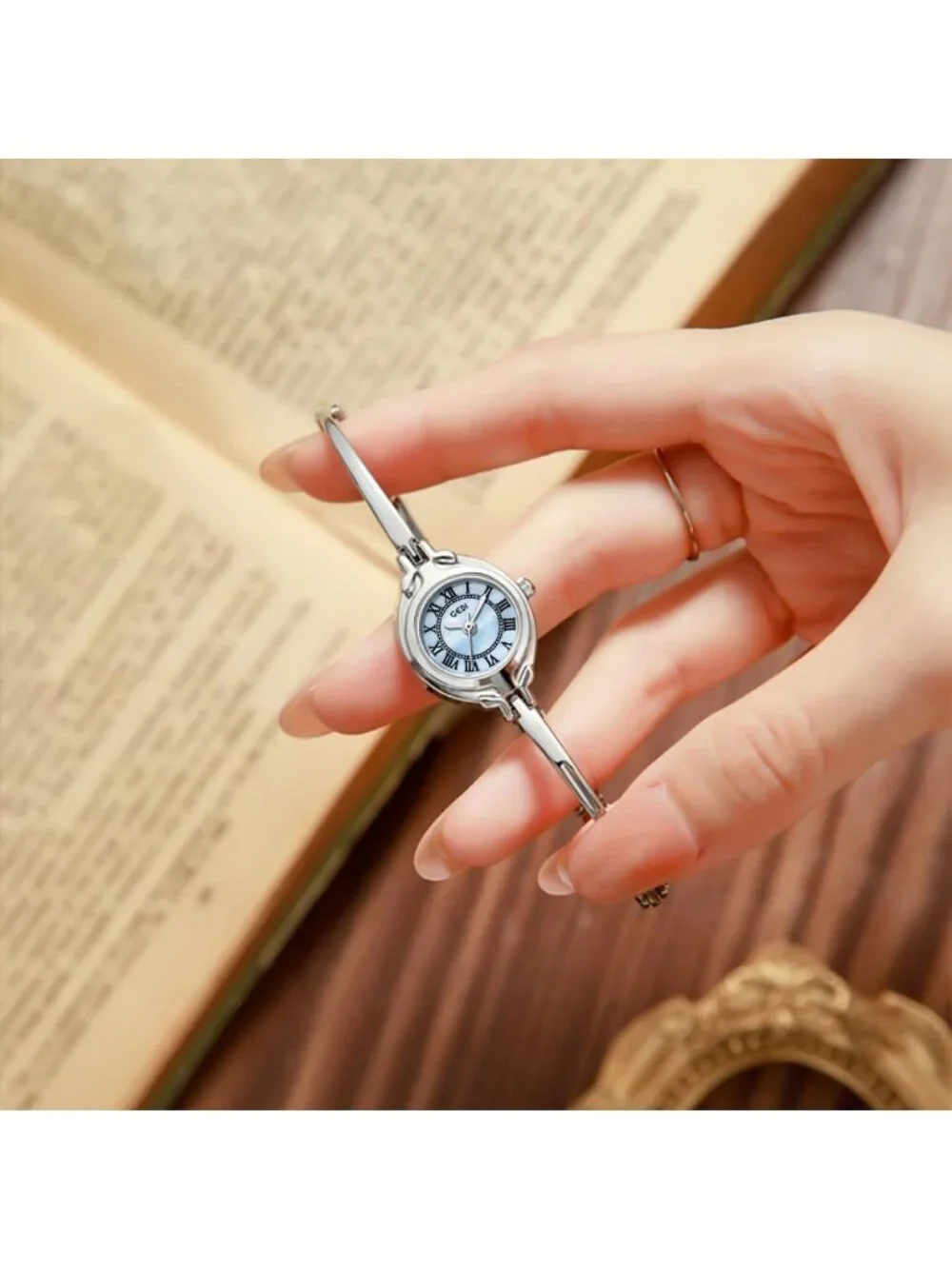 Women's Silver Blue Small Dial Bangle Thin Strap Classic Vintage Style Watches